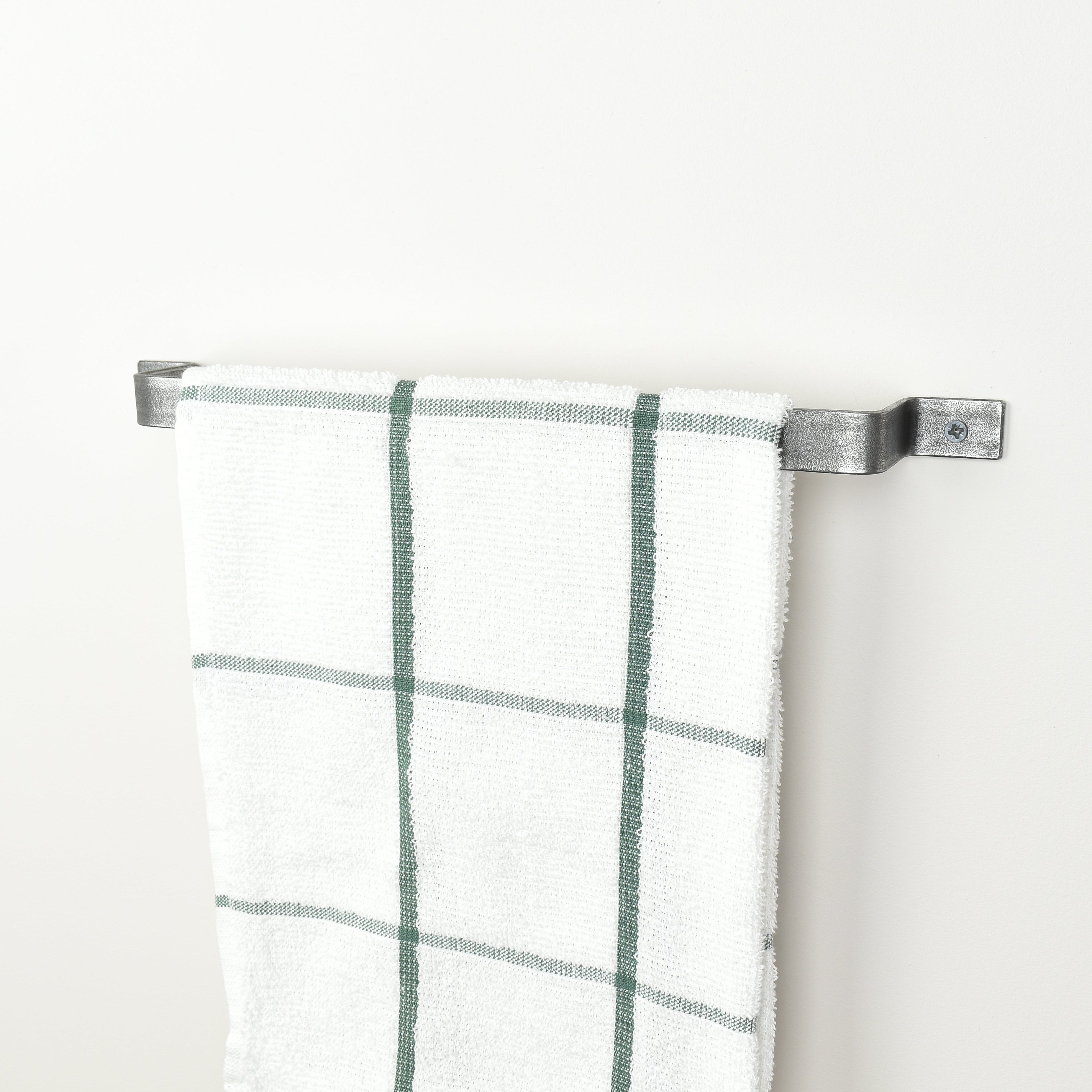 Pewter towel rail right side view with tea towel - industrial metal towel holder