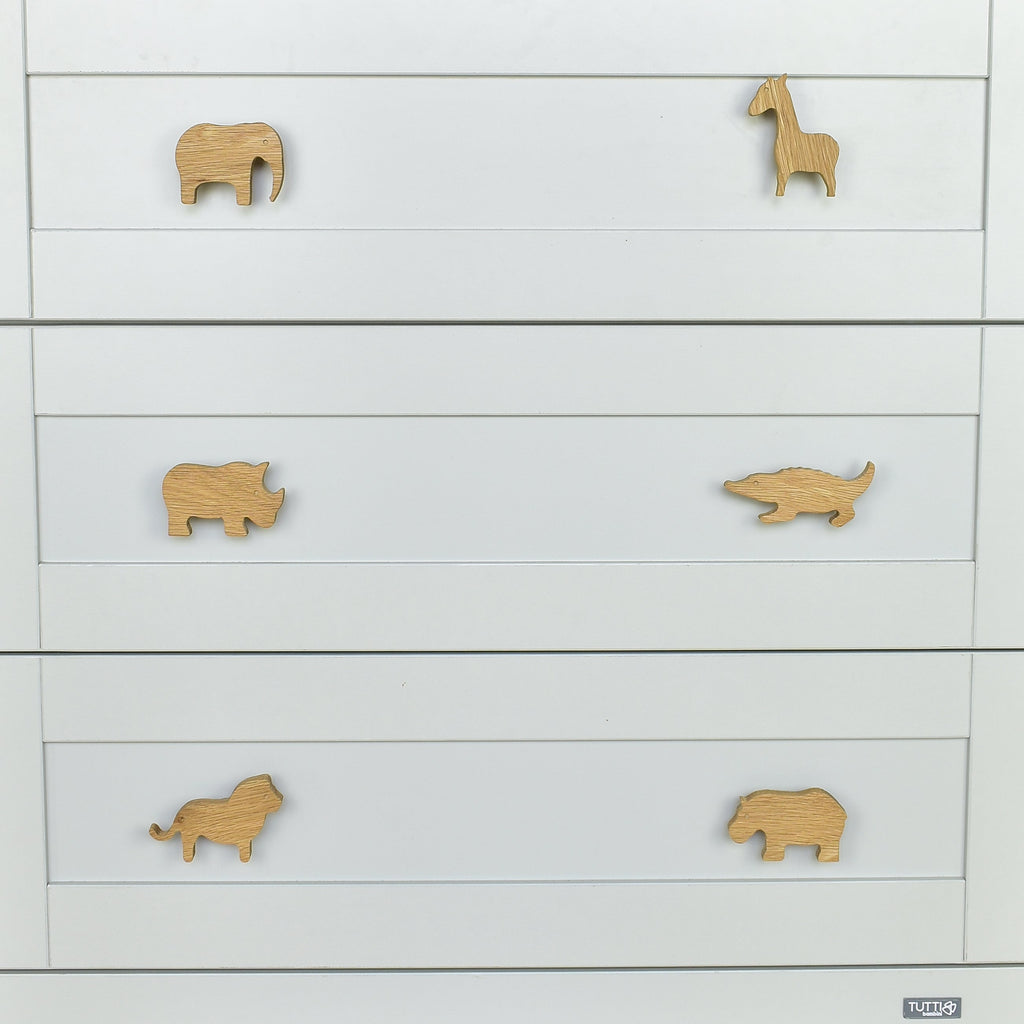 Safari animal drawer knobs close-up front view - Elephant Giraffe Rhino Crocodile Lion Hippo