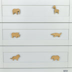 Safari animal drawer knobs close-up front view - Elephant Giraffe Rhino Crocodile Lion Hippo