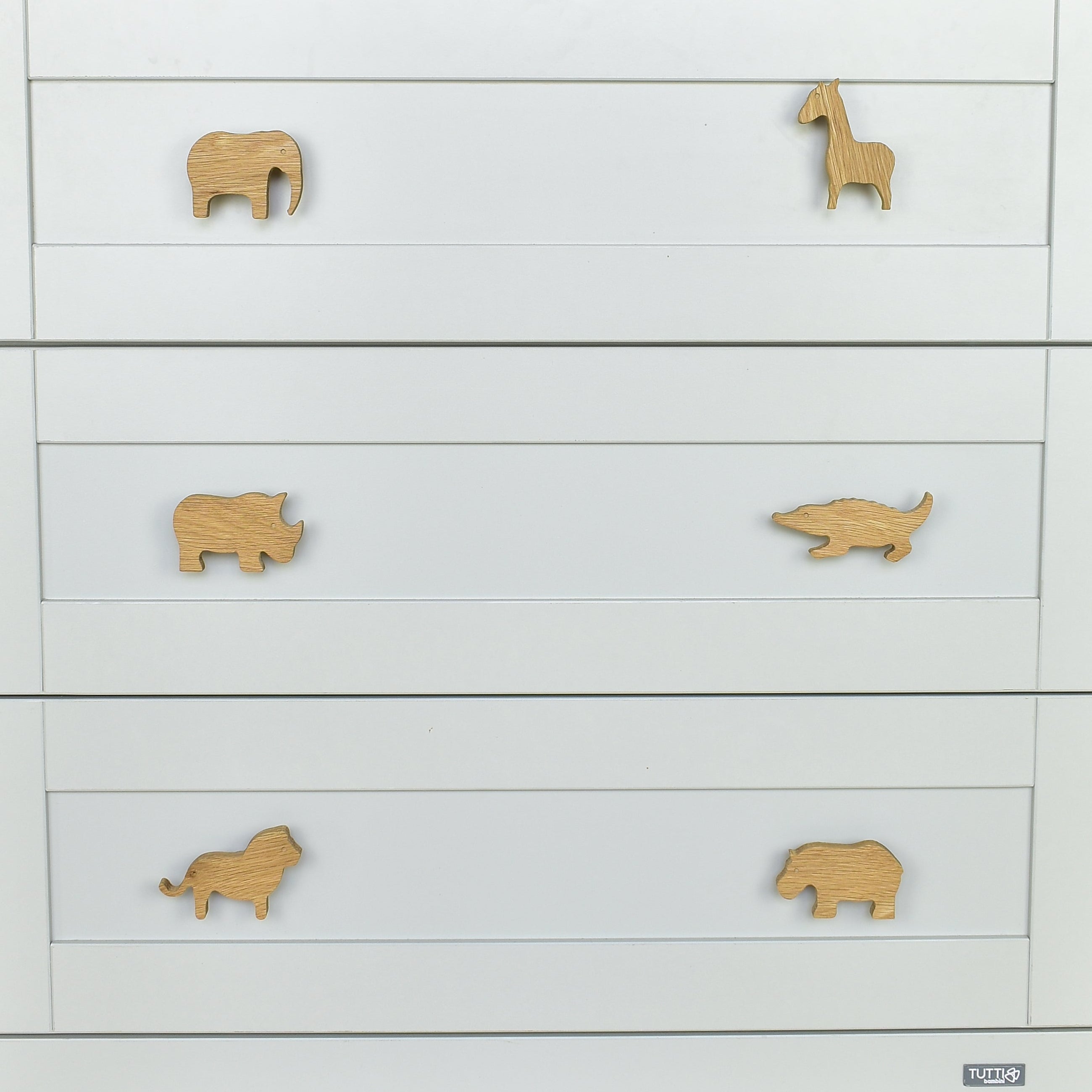 Safari animal drawer knobs close-up front view - Elephant Giraffe Rhino Crocodile Lion Hippo