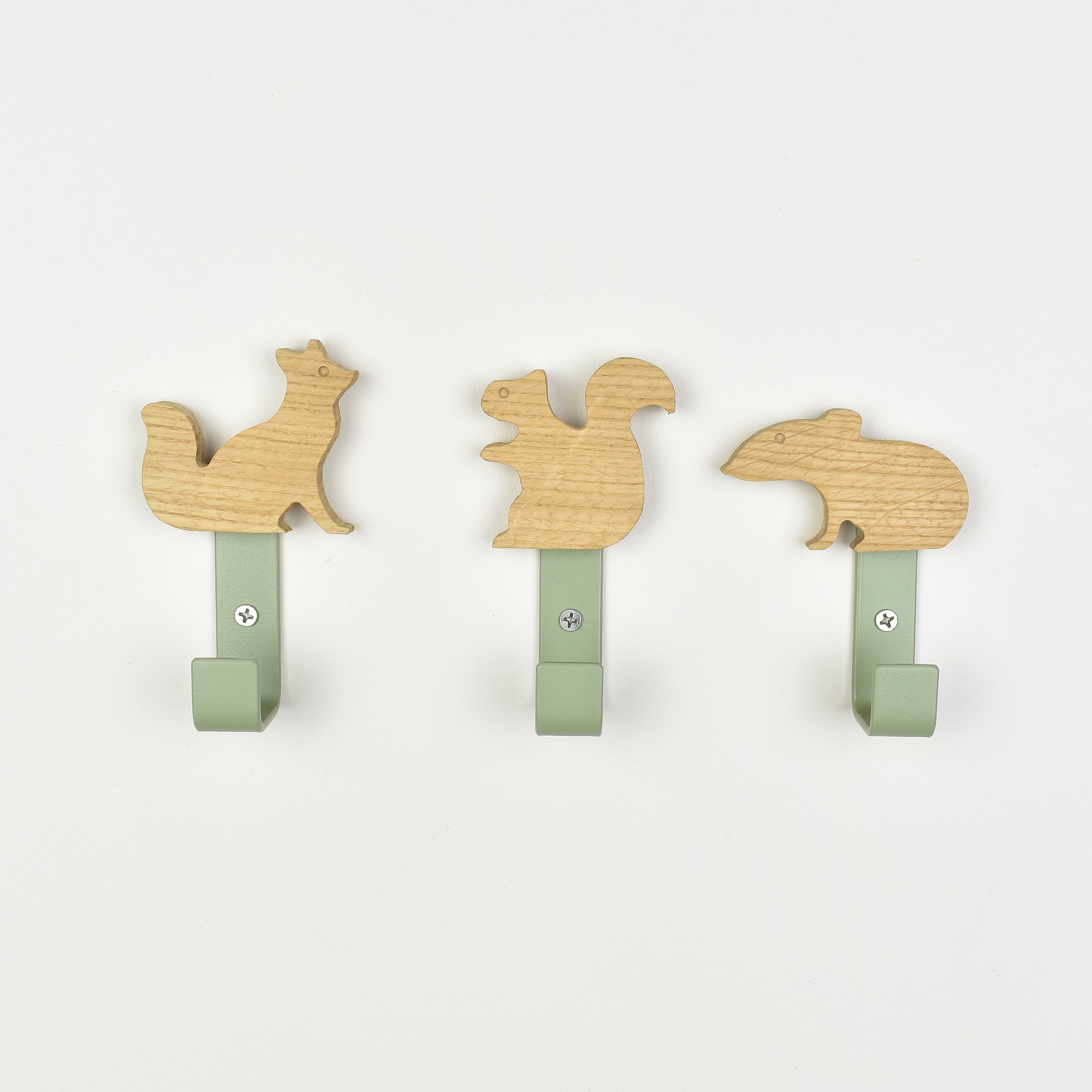 Woodland animal wall hooks front view - fox squirrel mouse wooden children's bedroom hooks