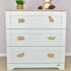 Safari animal drawer knobs front view - Elephant Giraffe Rhino Crocodile Lion Hippo oak nursery decor