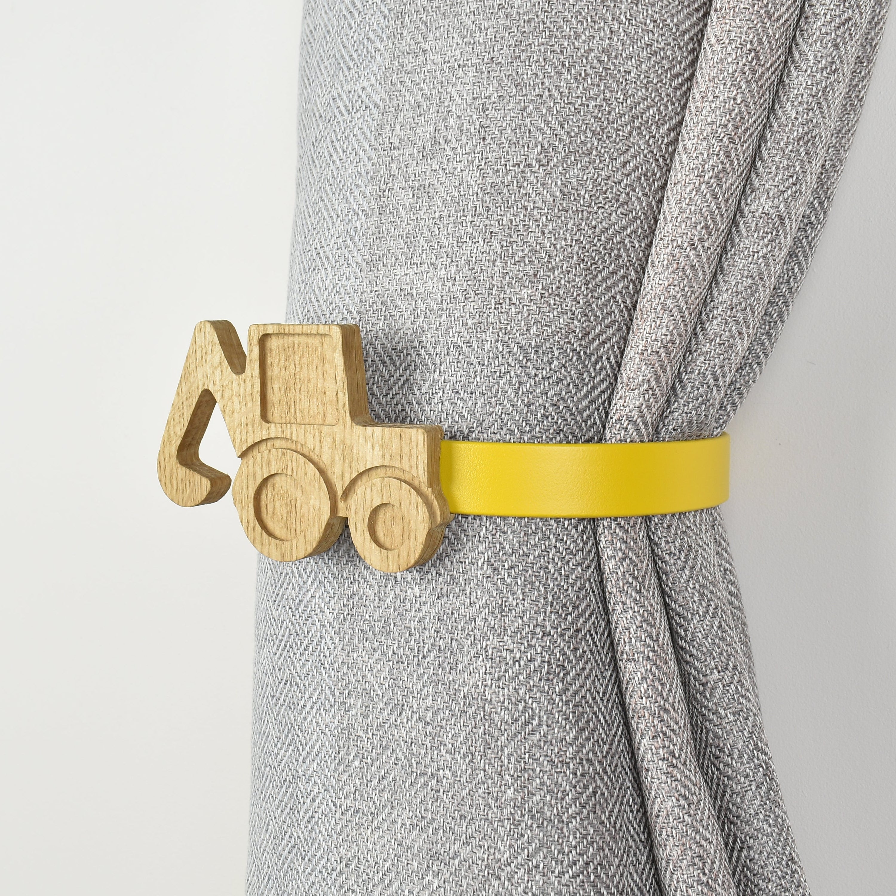Construction curtain tieback right side view - Tractor oak tieback for kids