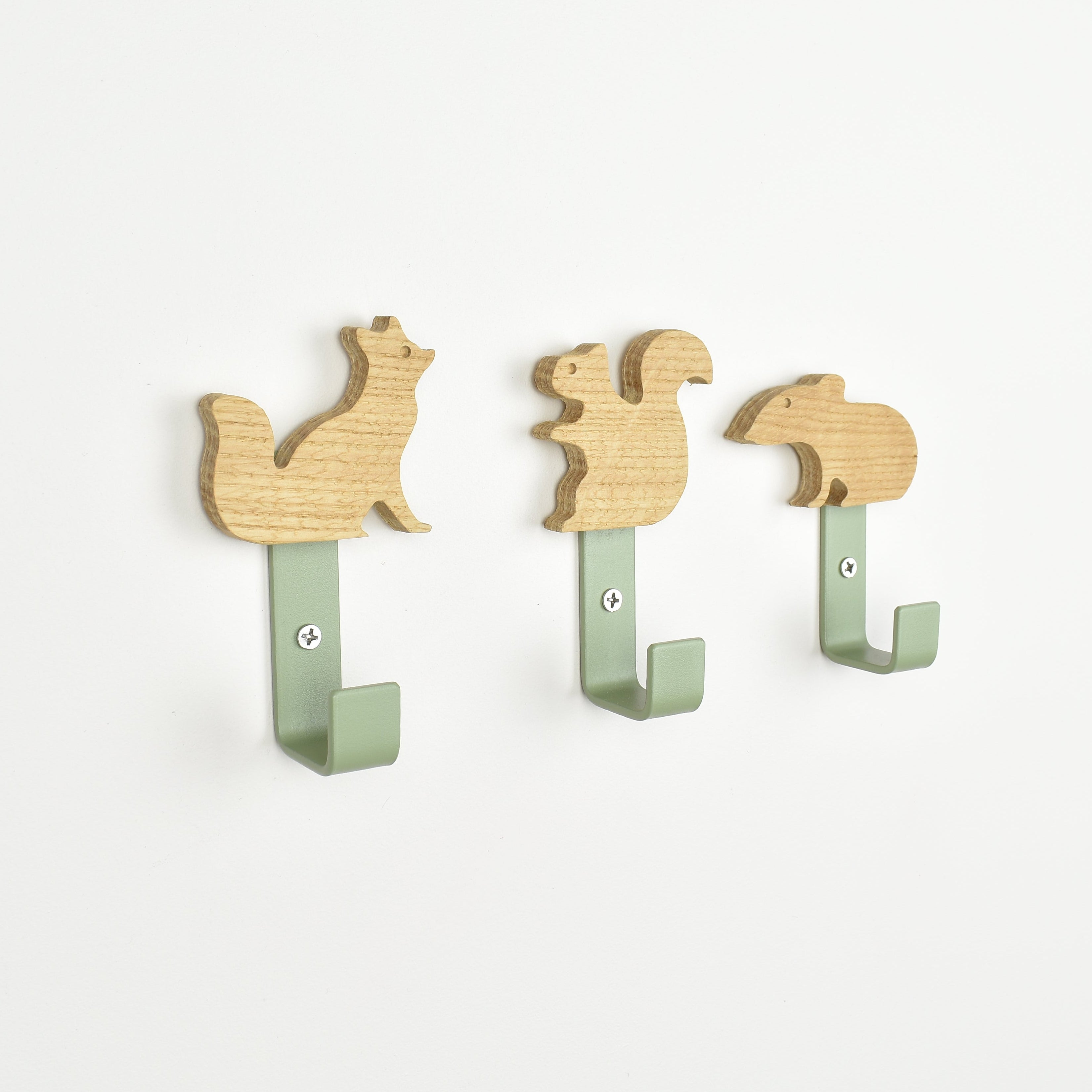 Woodland animal wall hooks side angle - fox squirrel mouse oak nursery decor