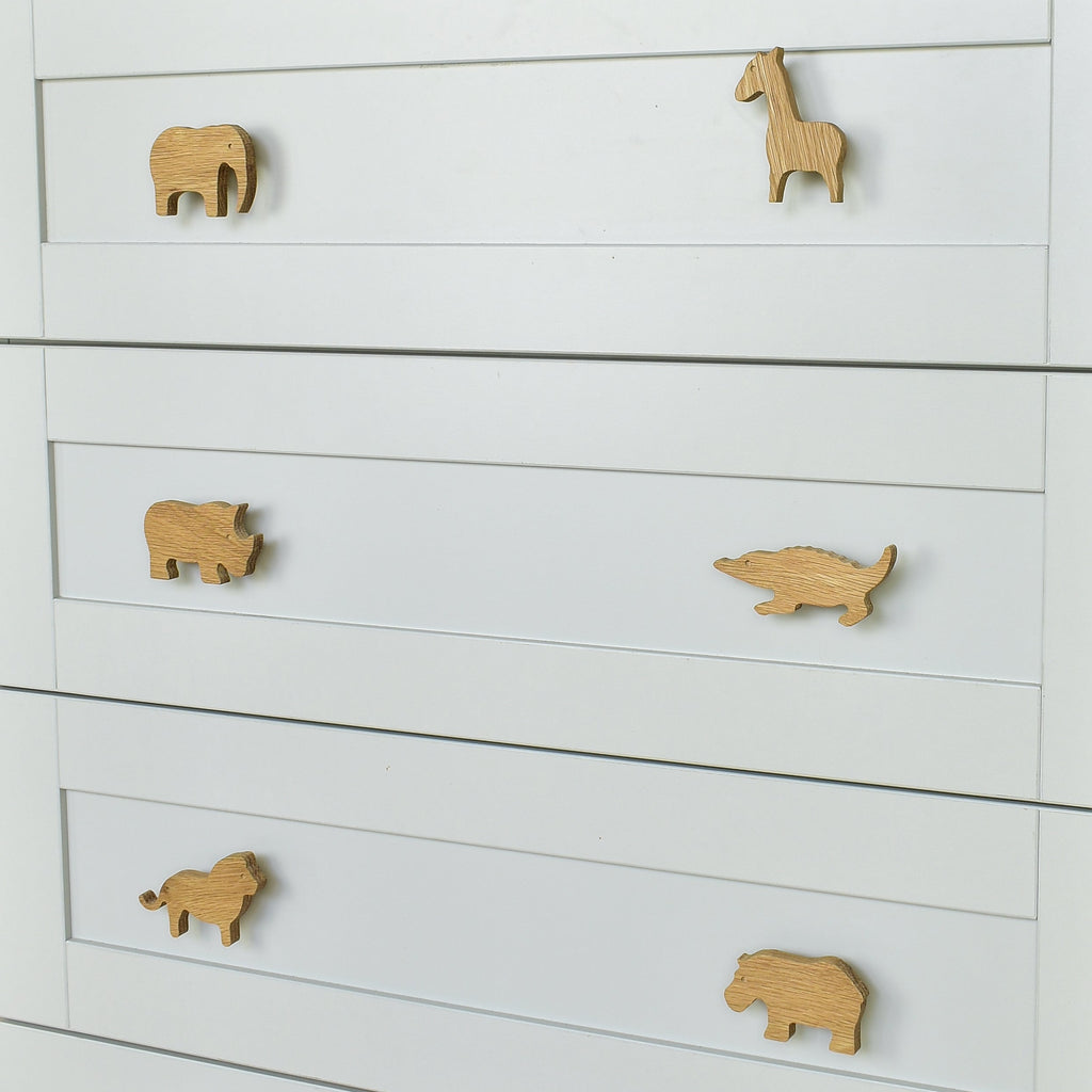 Safari animal drawer knobs close-up right angle - Elephant Giraffe Rhino Crocodile Lion Hippo