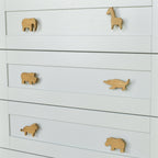 Safari animal drawer knobs close-up right angle - Elephant Giraffe Rhino Crocodile Lion Hippo