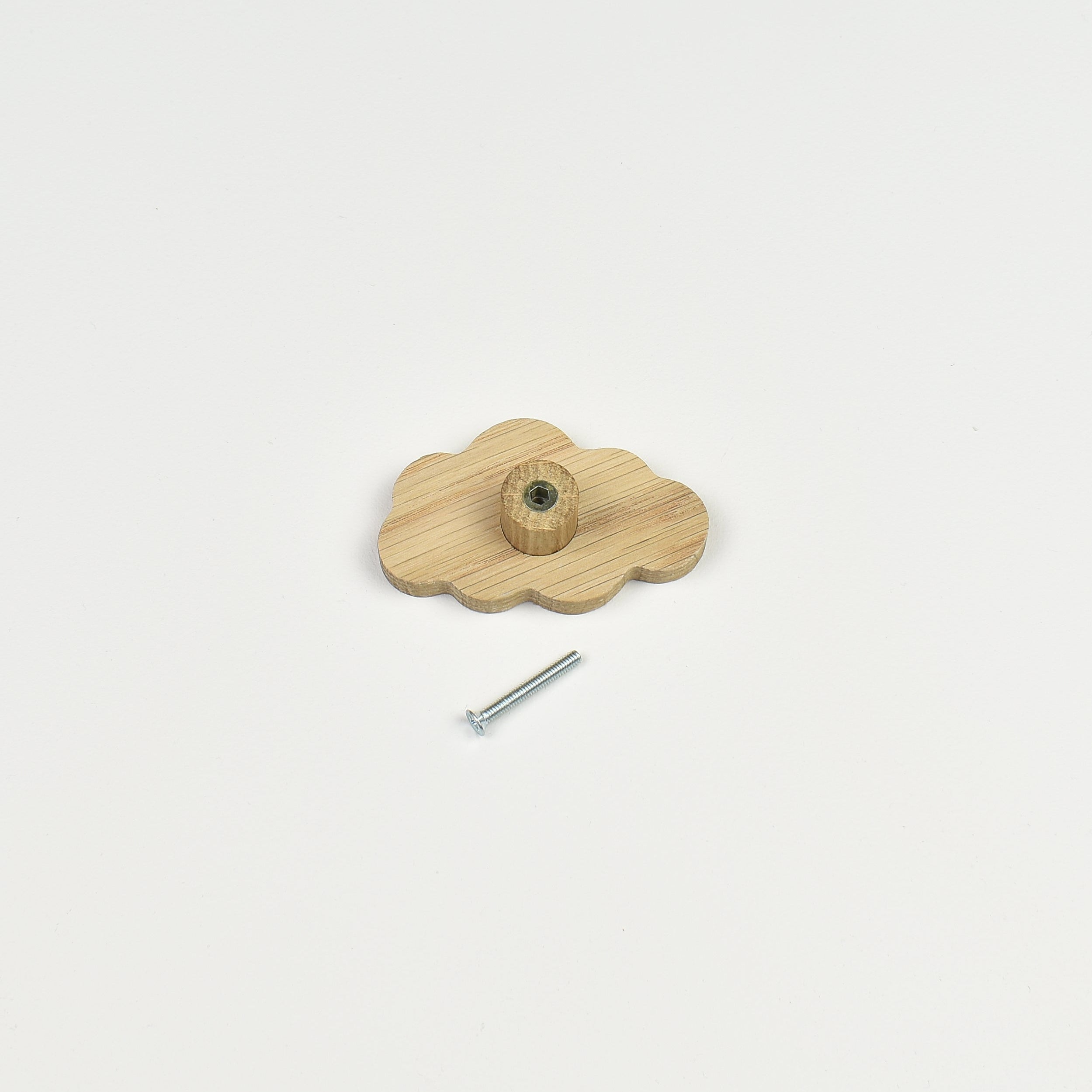 Cloud oak drawer handle back view - threaded insert and screw fitting hardware detail kids nursery