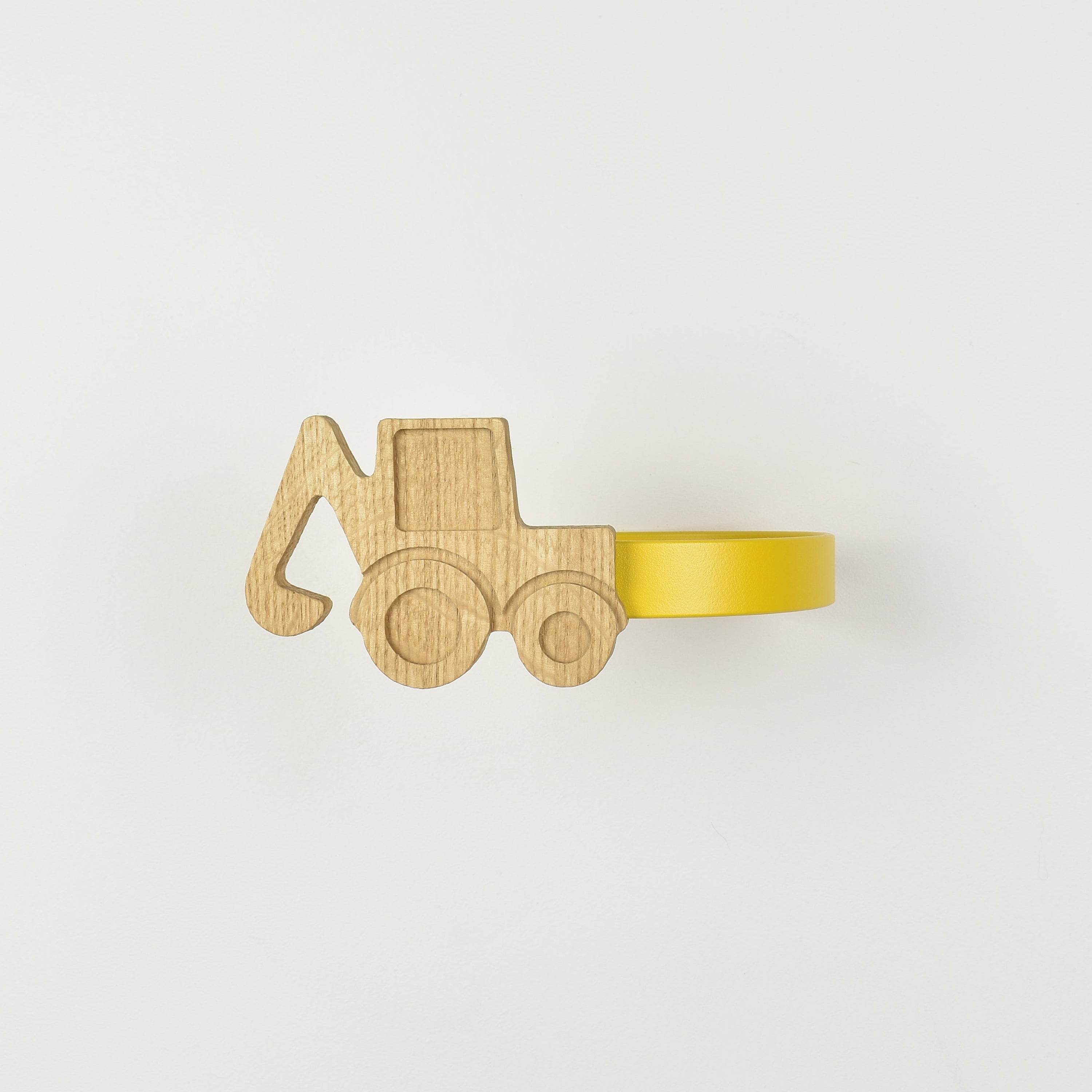 Construction curtain tieback front view - Tractor oak tieback for kids