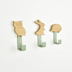 Woodland animal wall hooks side angle - owl rabbit hedgehog oak bedroom decor