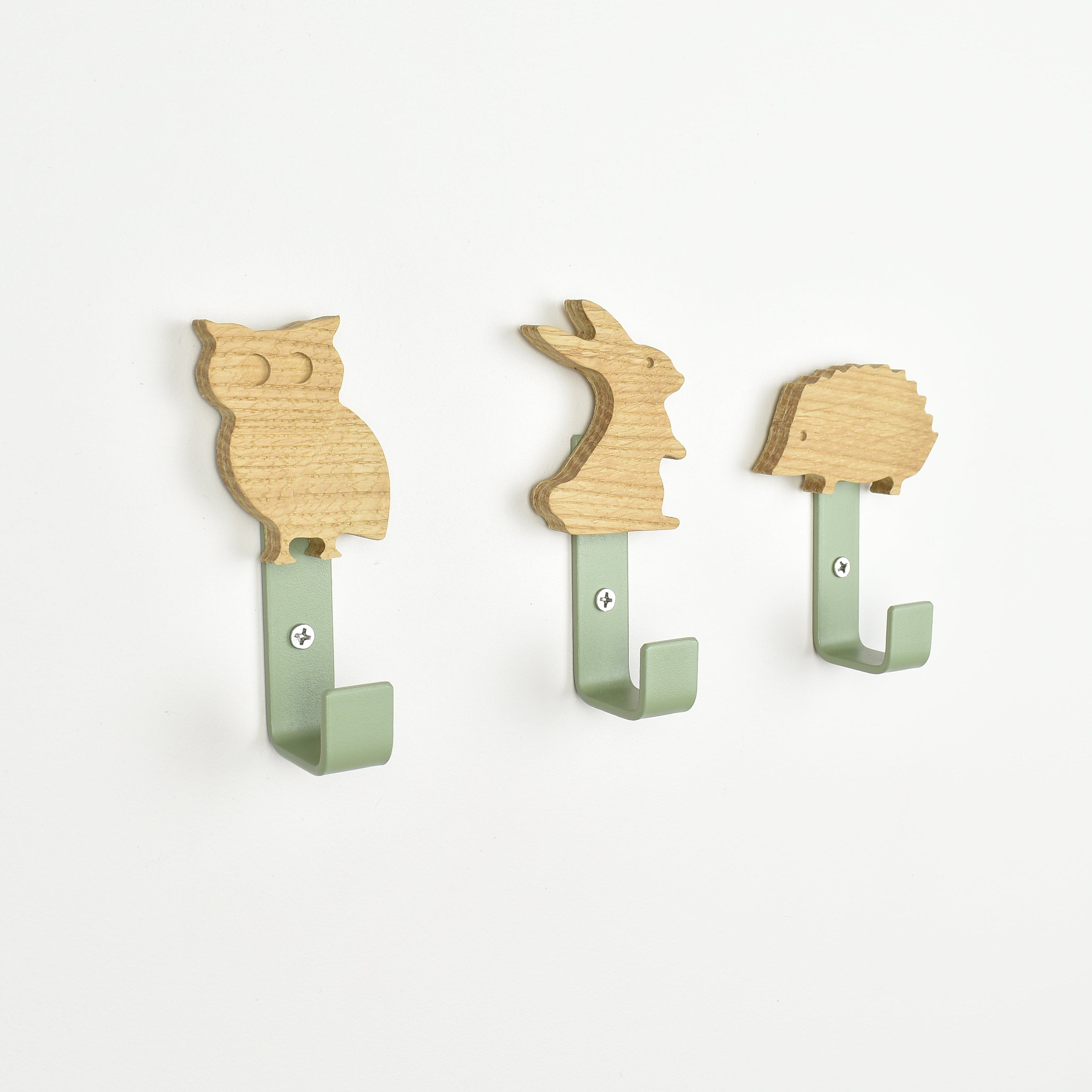 Woodland animal wall hooks side angle - owl rabbit hedgehog oak bedroom decor