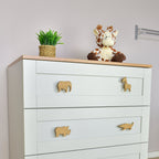 Safari animal drawer knobs left angle - Elephant Giraffe Rhino Crocodile oak handles for kids++