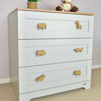 Safari animal drawer knobs left angle - Elephant Giraffe Rhino Crocodile Lion Hippo oak handles