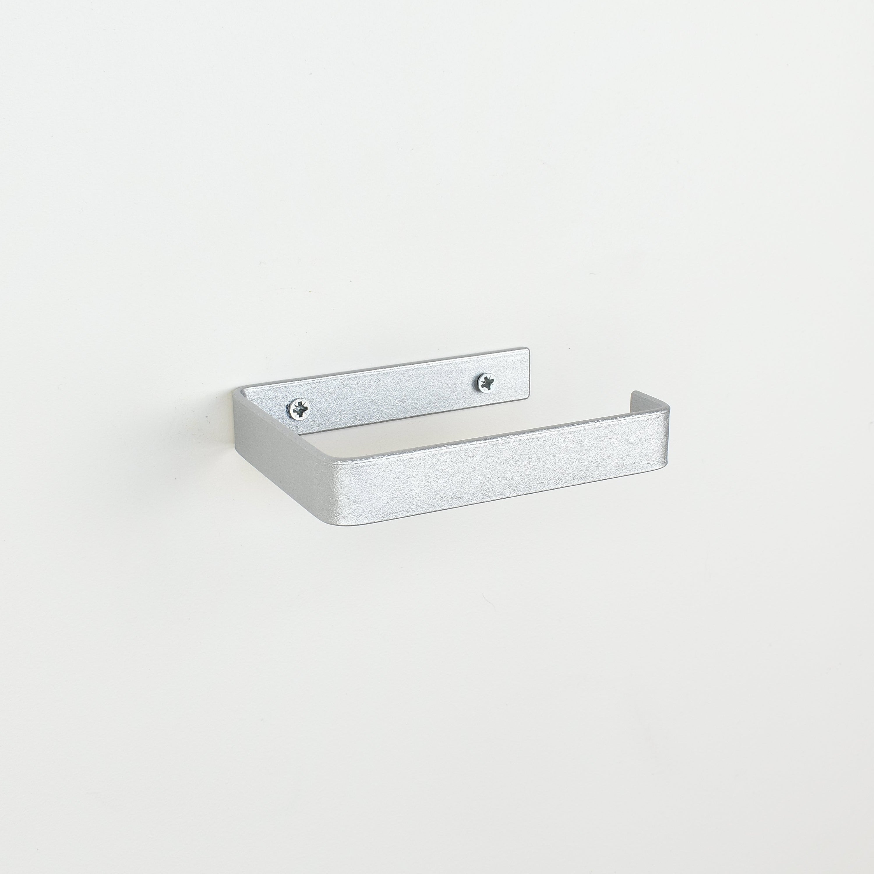 Metallic silver steel toilet roll holder showing fixing  left angle bathroom hardware