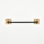 Black steel bar with oak fixing plates - front view showing fixings