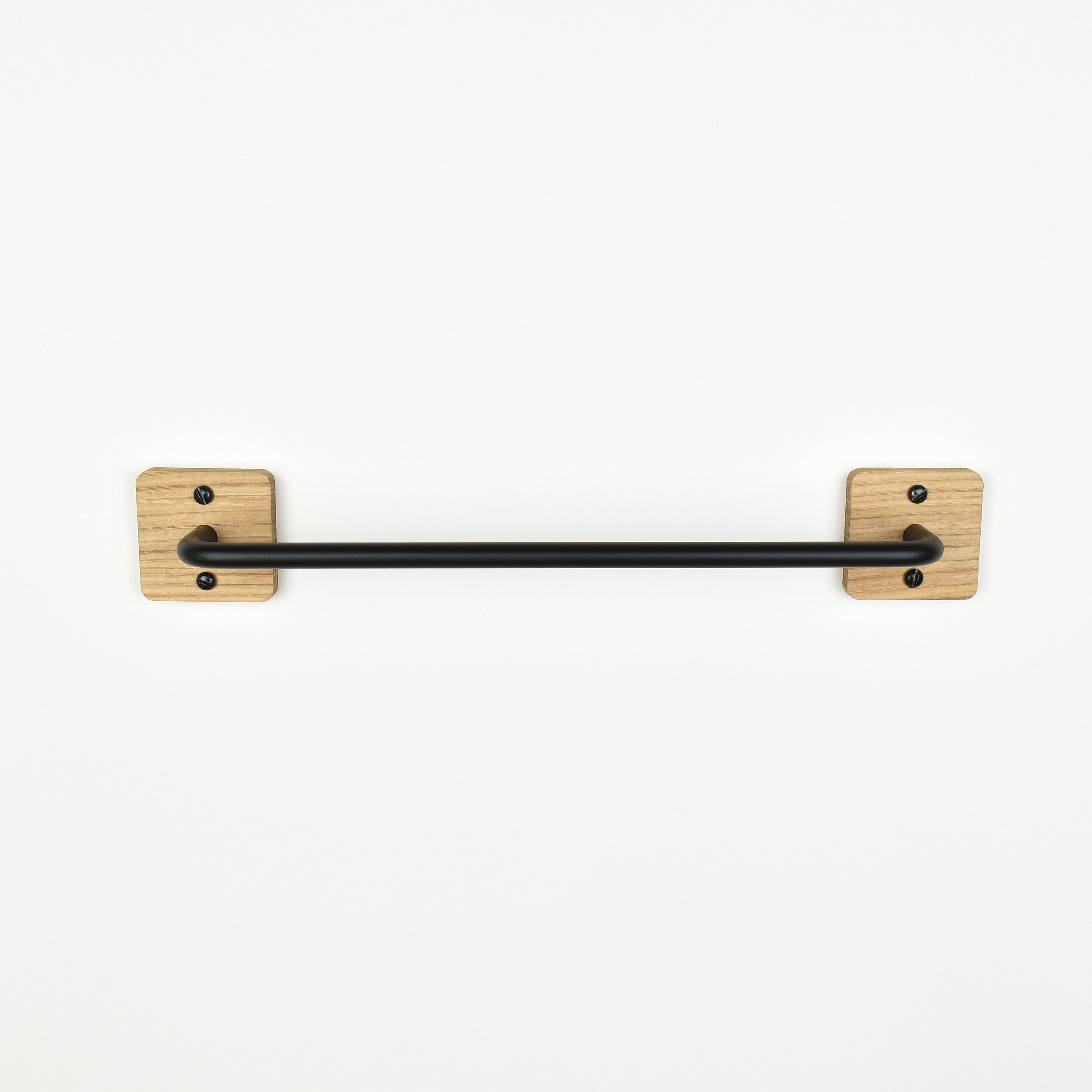 Black steel bar with oak fixing plates - front view showing fixings