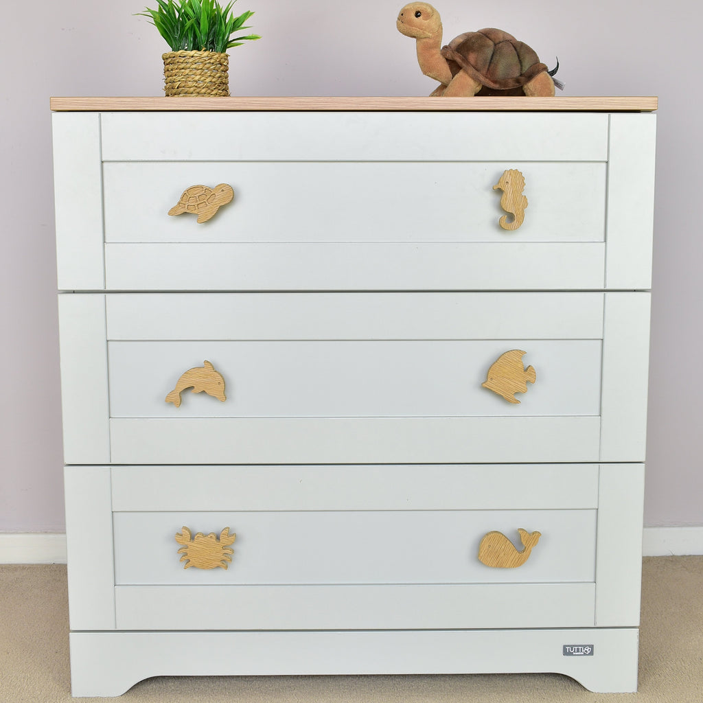Ocean drawer knobs front view - Turtle Seahorse Dolphin Angelfish Crab Whale oak nursery decor