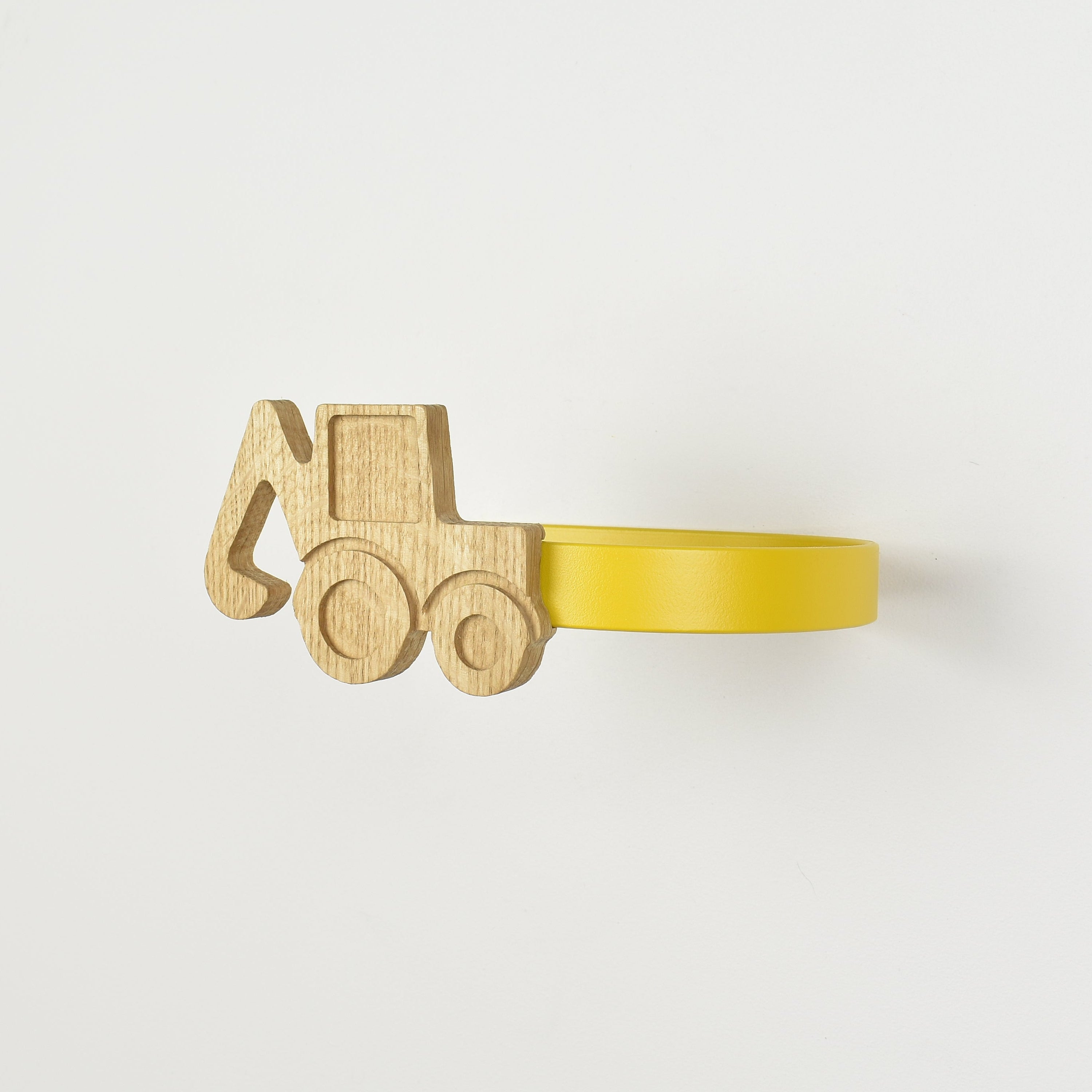 Construction vehicle curtain tieback side view showing metal tieback - oak tiebacks for kids