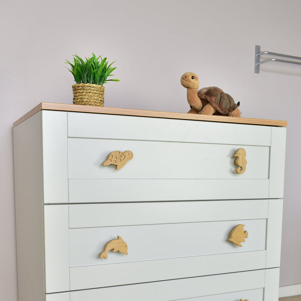 Ocean drawer knobs left angle - Turtle Seahorse Dolphin Angelfish oak handles for kids