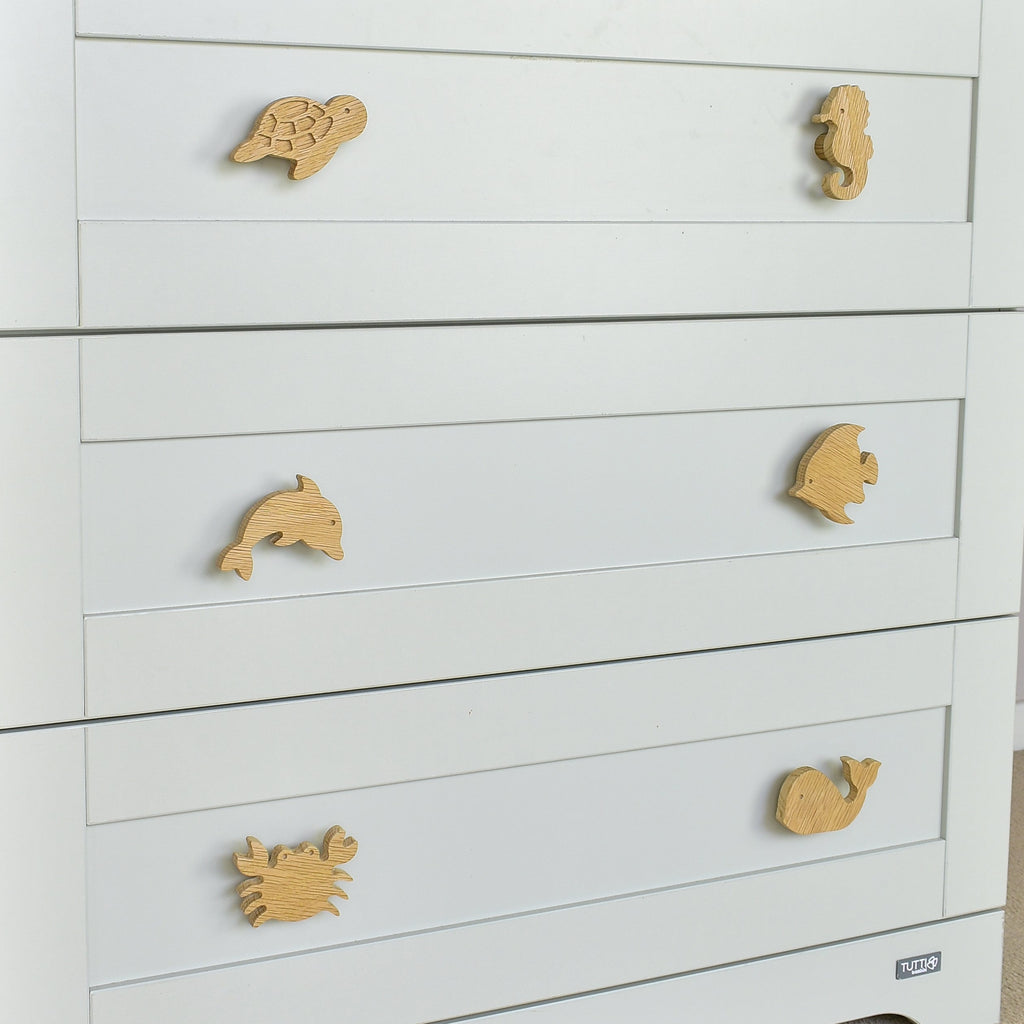 Ocean drawer knobs close-up left angle - Turtle Seahorse Dolphin Angelfish Crab Whale oak