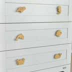 Ocean drawer knobs close-up left angle - Turtle Seahorse Dolphin Angelfish Crab Whale oak