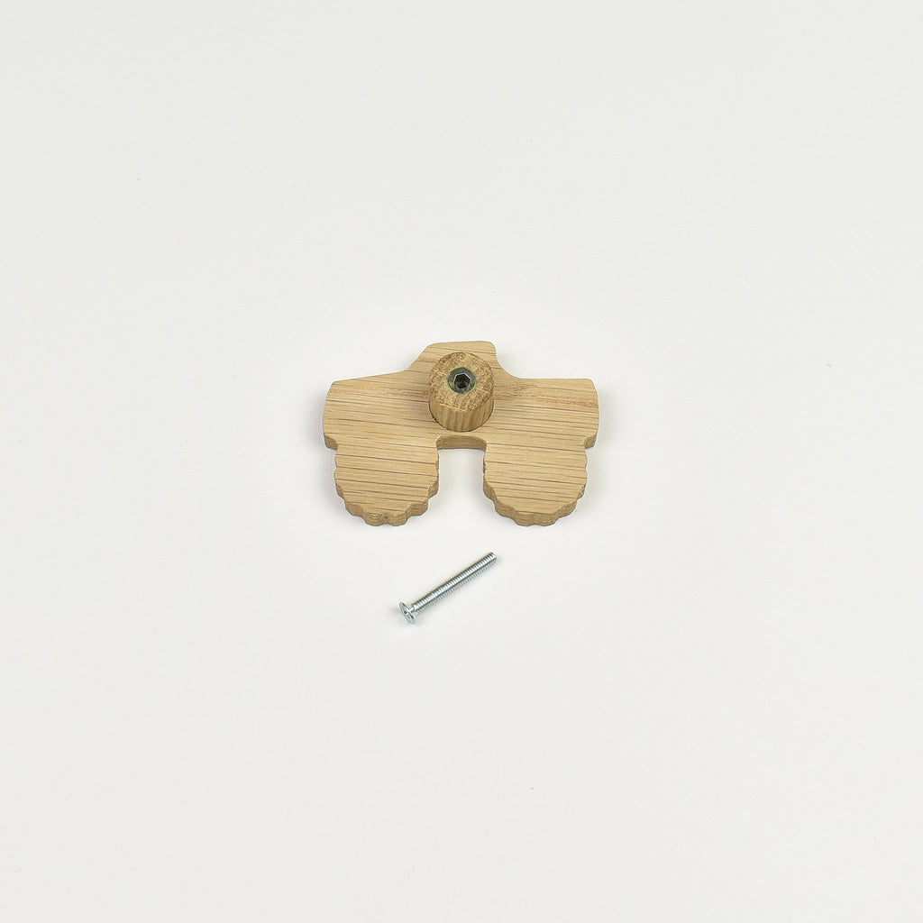 Vehicle oak drawer handle back view - threaded insert and screw fitting hardware detail kids nursery