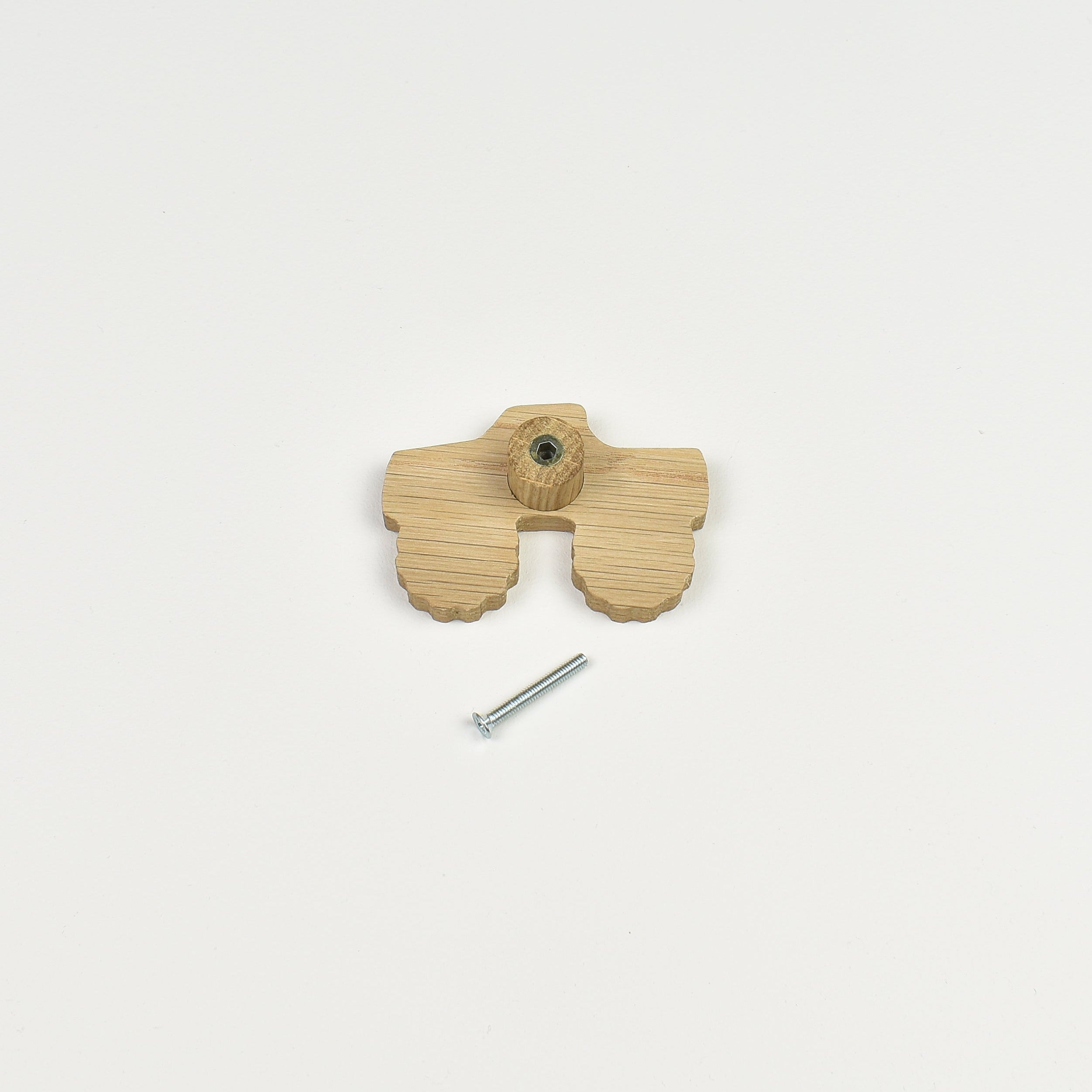 Vehicle oak drawer handle back view - threaded insert and screw fitting hardware detail kids nursery