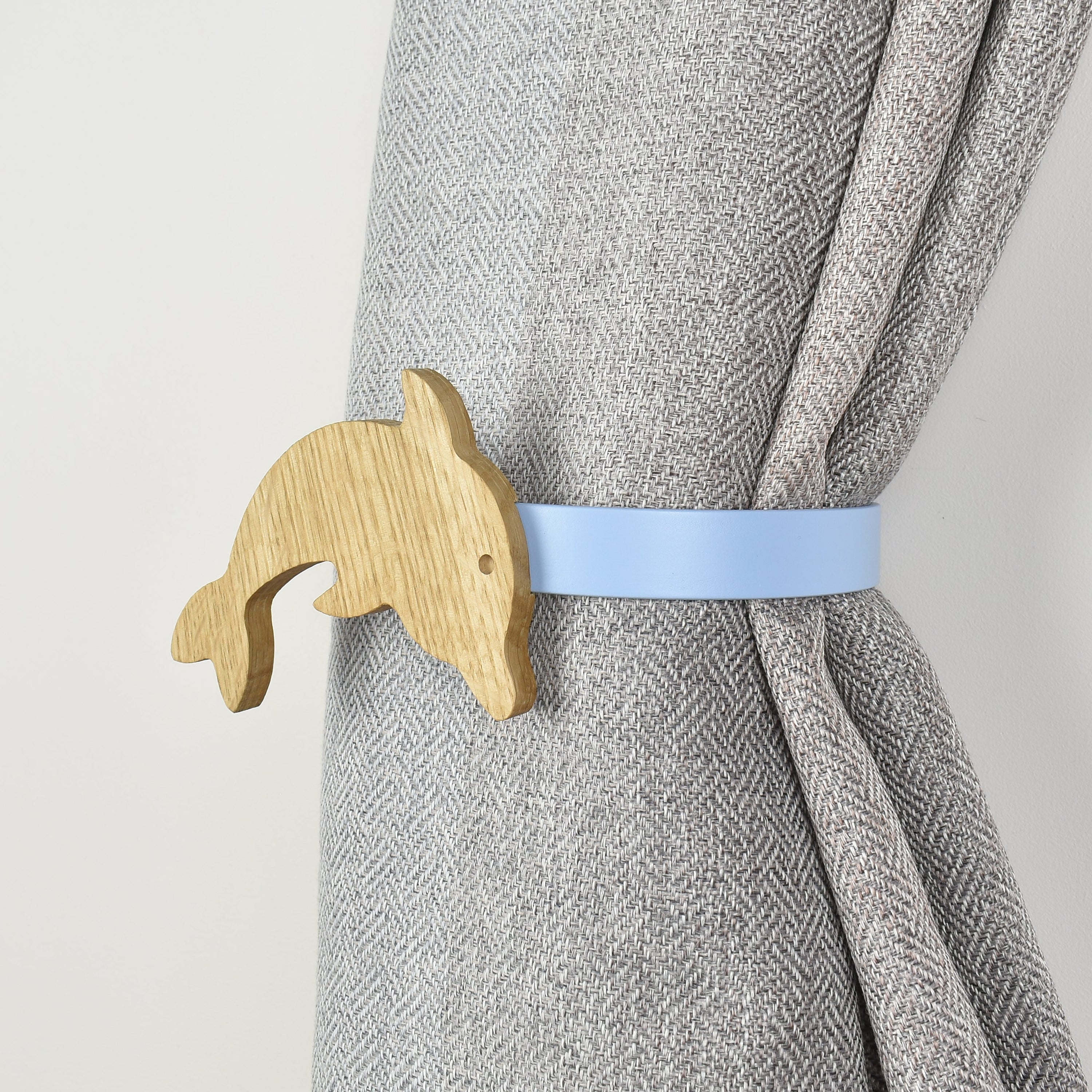 Ocean animal curtain tieback right side view - Dolphin oak tieback for kids