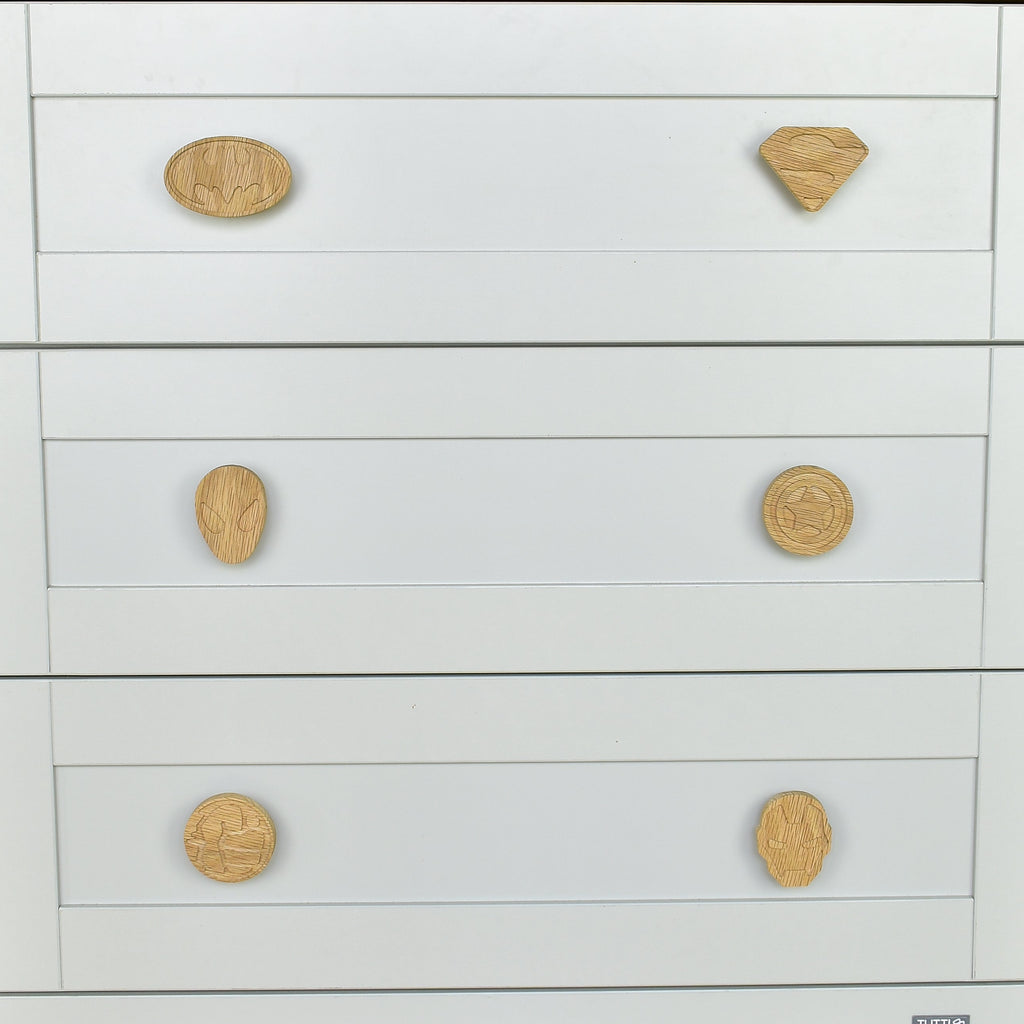 Superhero drawer knobs close-up front view - Batman Superman Spiderman Captain America Hulk Iron Man