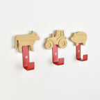 Farmyard theme wall hooks side angle - cow tractor pig oak bedroom decor