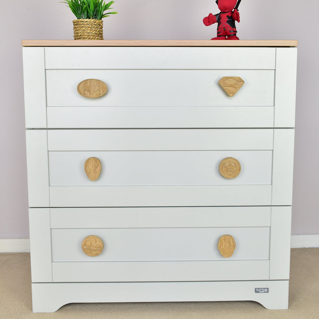 Superhero drawer knobs front view - Batman Superman Spiderman Captain America Hulk Iron Man oak nursery decor