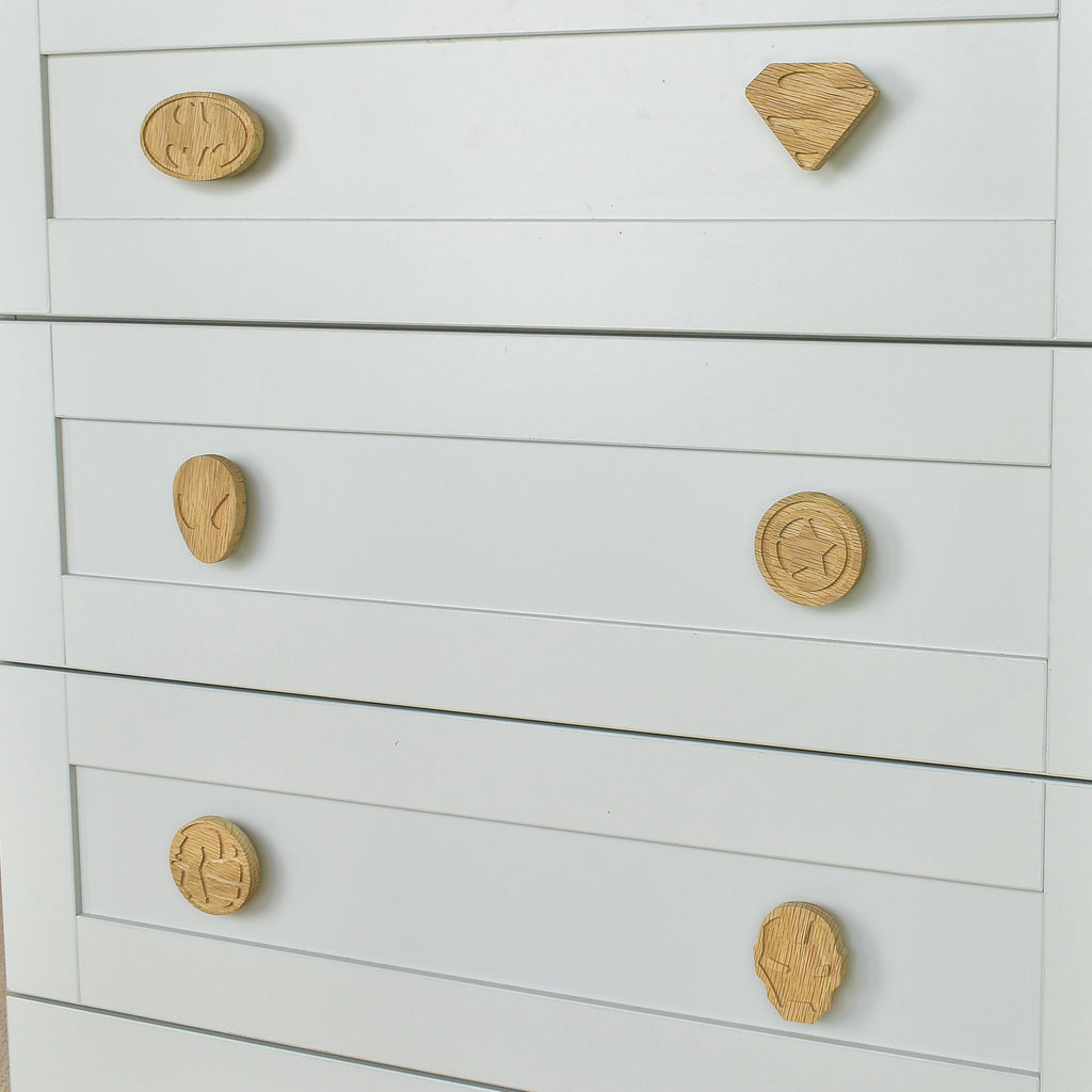 Superhero drawer knobs close-up right angle - Batman Superman Spiderman Captain America Hulk Iron Man