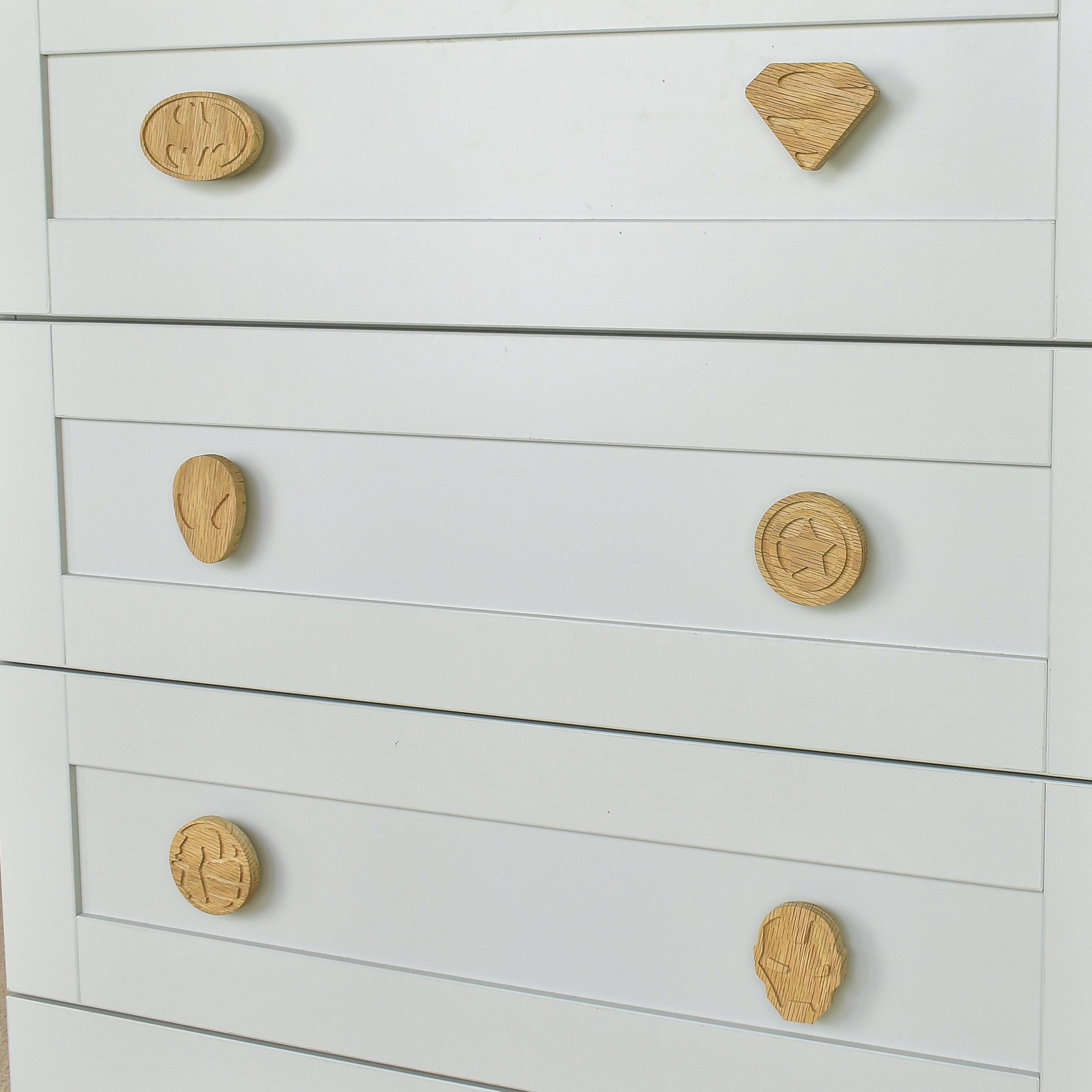 Superhero drawer knobs close-up right angle - Batman Superman Spiderman Captain America Hulk Iron Man