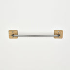 Pewter steel bar with oak fixing plates - front view showing fixings
