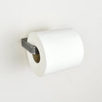 Pewter metal toilet paper holder left view showing toilet roll in place