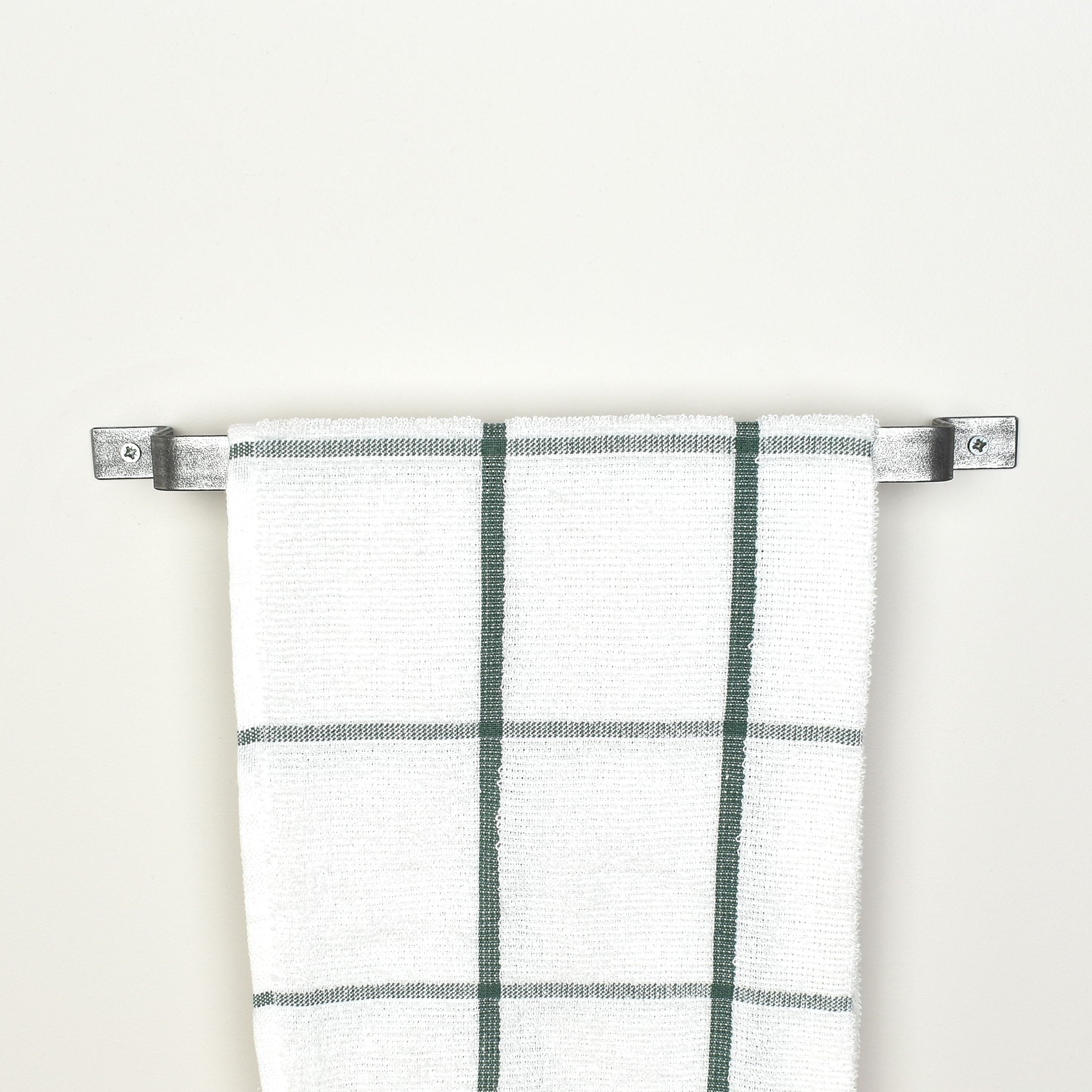 Pewter towel rail front view with tea towel - modern metal towel holder