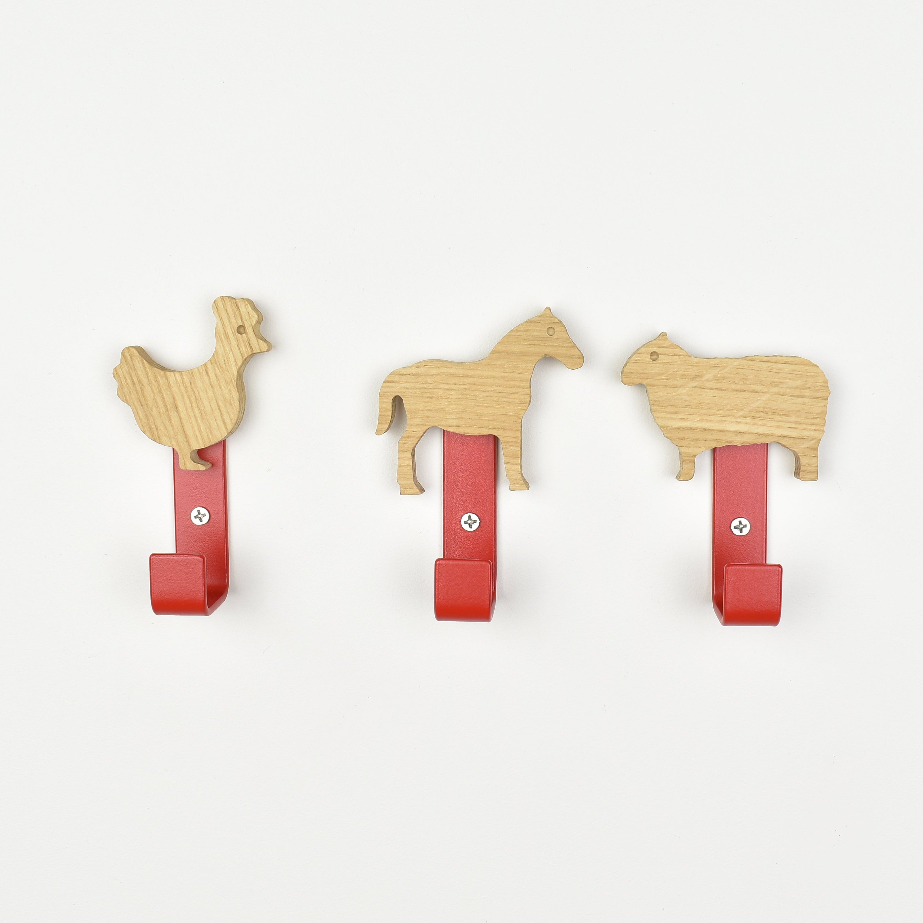 Farm animal wall hooks front view - chicken horse sheep wooden children's bedroom hooks