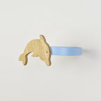 Ocean dolphin curtain tieback side view showing metal tieback - oak tiebacks for kids