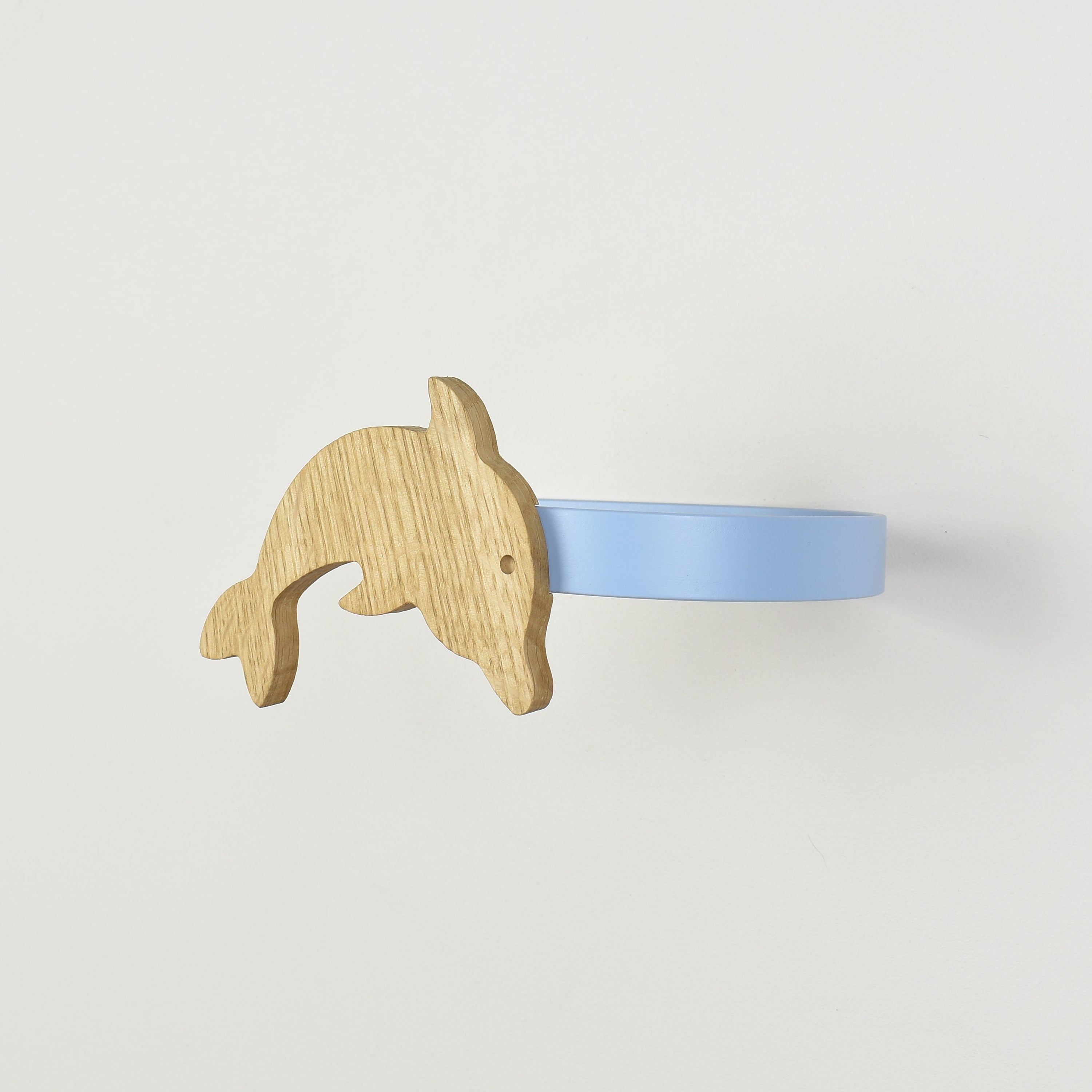 Ocean dolphin curtain tieback side view showing metal tieback - oak tiebacks for kids