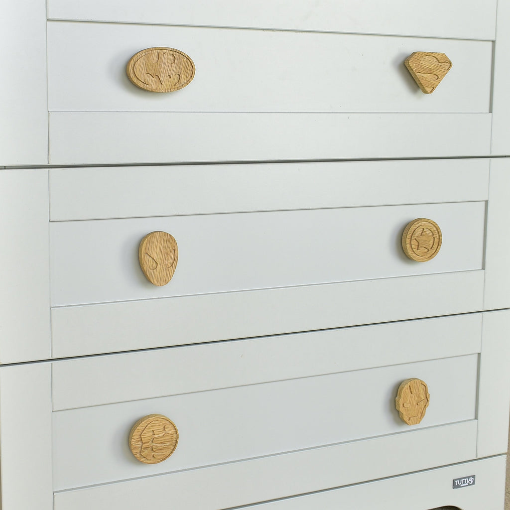 Superhero drawer knobs close-up left angle - Batman Superman Spiderman Captain America Hulk Iron Man oak