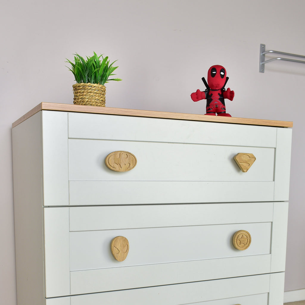 Superhero drawer knobs on cupboard - Batman Superman Spiderman Captain America oak handles for kids