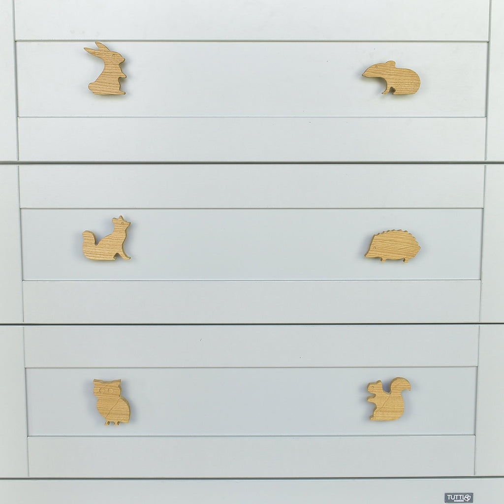 Woodland animal drawer knobs close-up front view - Rabbit Mouse Fox Hedgehog Owl Squirrel