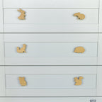 Woodland animal drawer knobs close-up front view - Rabbit Mouse Fox Hedgehog Owl Squirrel