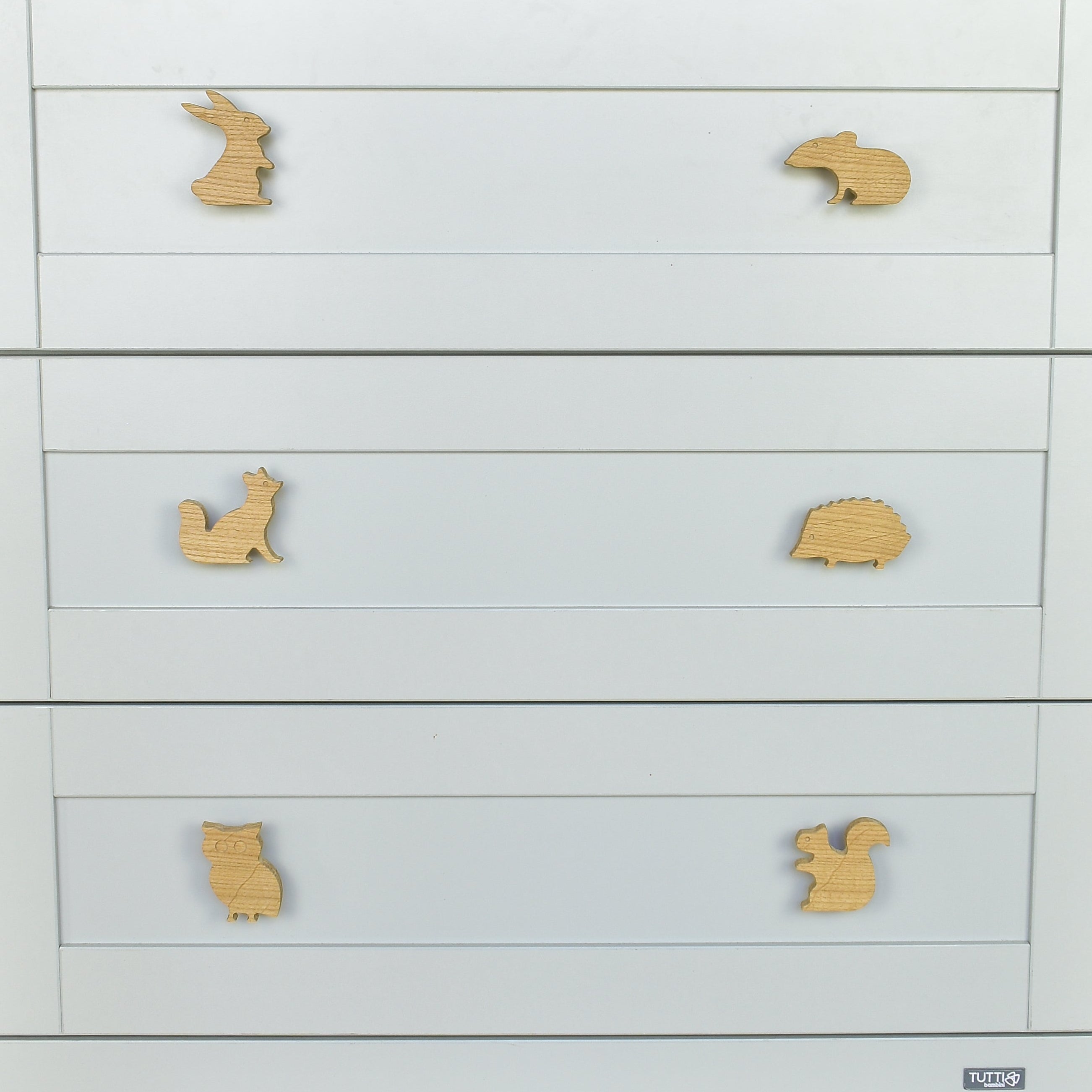 Woodland animal drawer knobs close-up front view - Rabbit Mouse Fox Hedgehog Owl Squirrel