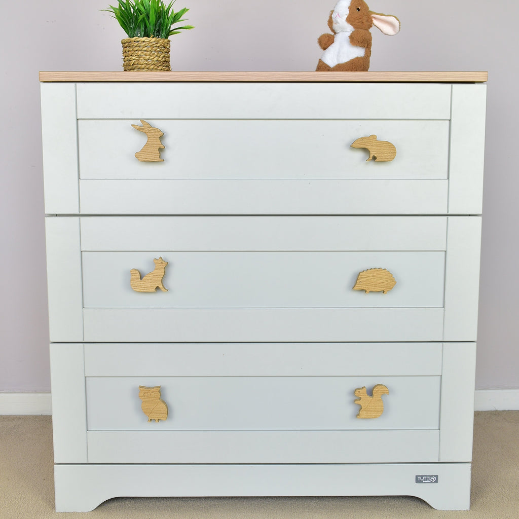 Woodland animal drawer knobs front view - Rabbit Mouse Fox Hedgehog Owl Squirrel oak nursery decor
