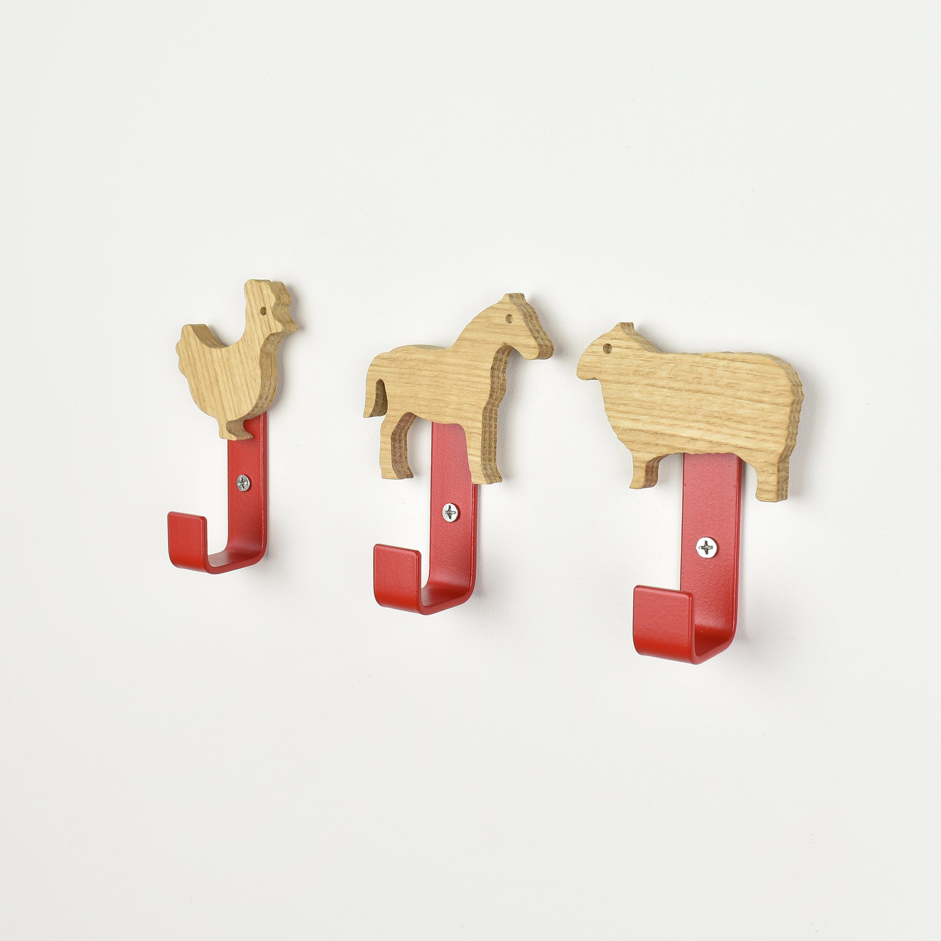 Farm animal wall hooks - chicken horse sheep oak nursery hooks for kids