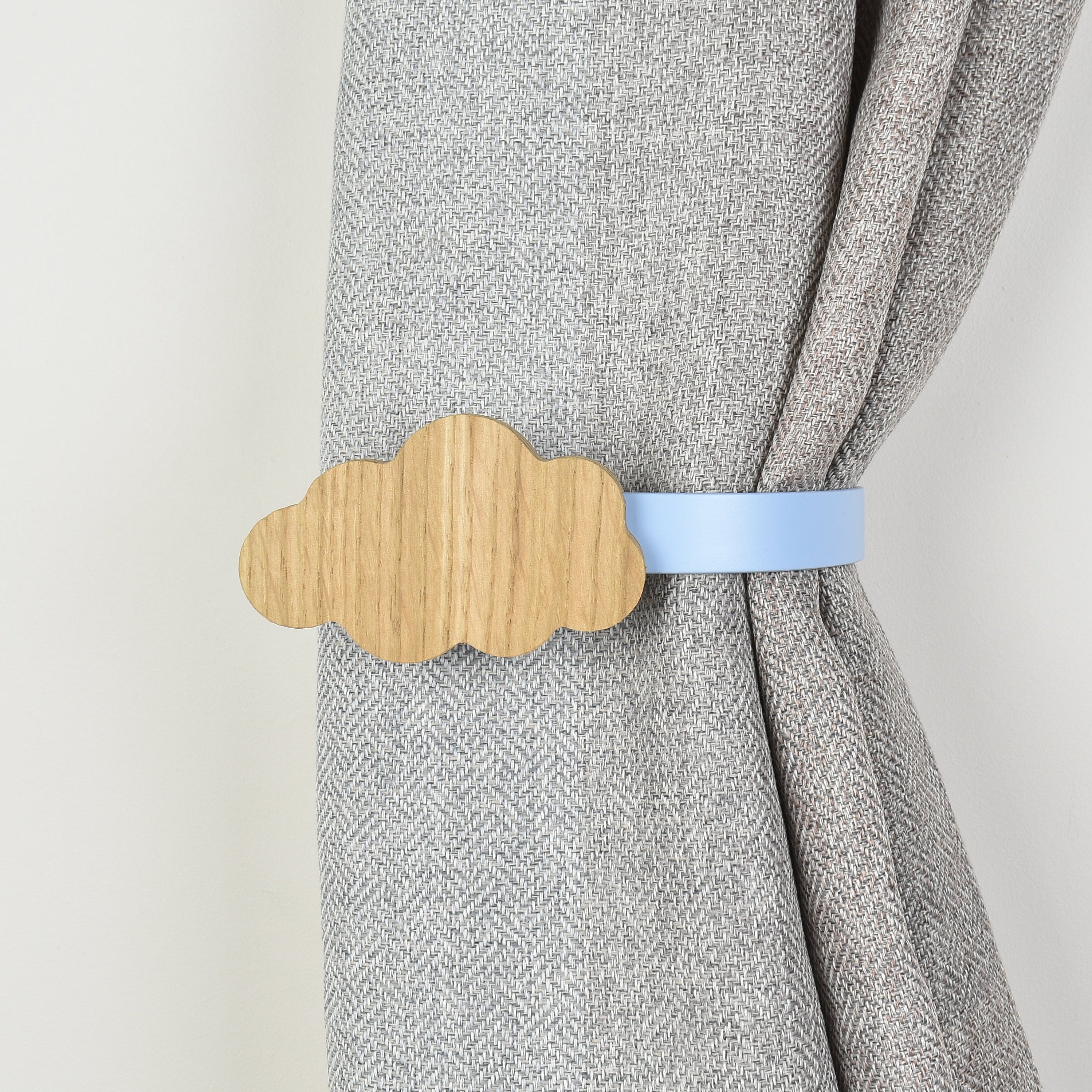 curtain tieback front view with grey curtain -cloud oak tiebacks for kids