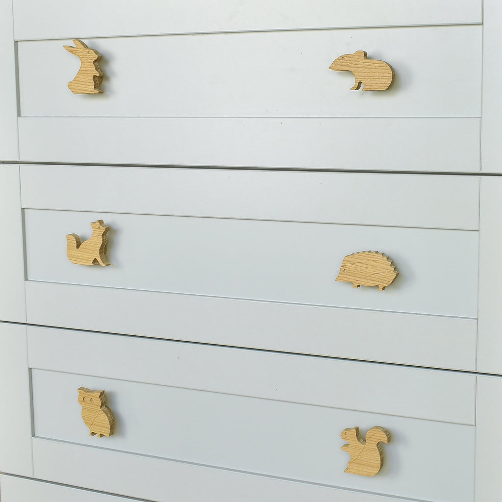 Woodland animal drawer knobs close-up right angle - Rabbit Mouse Fox Hedgehog Owl Squirrel