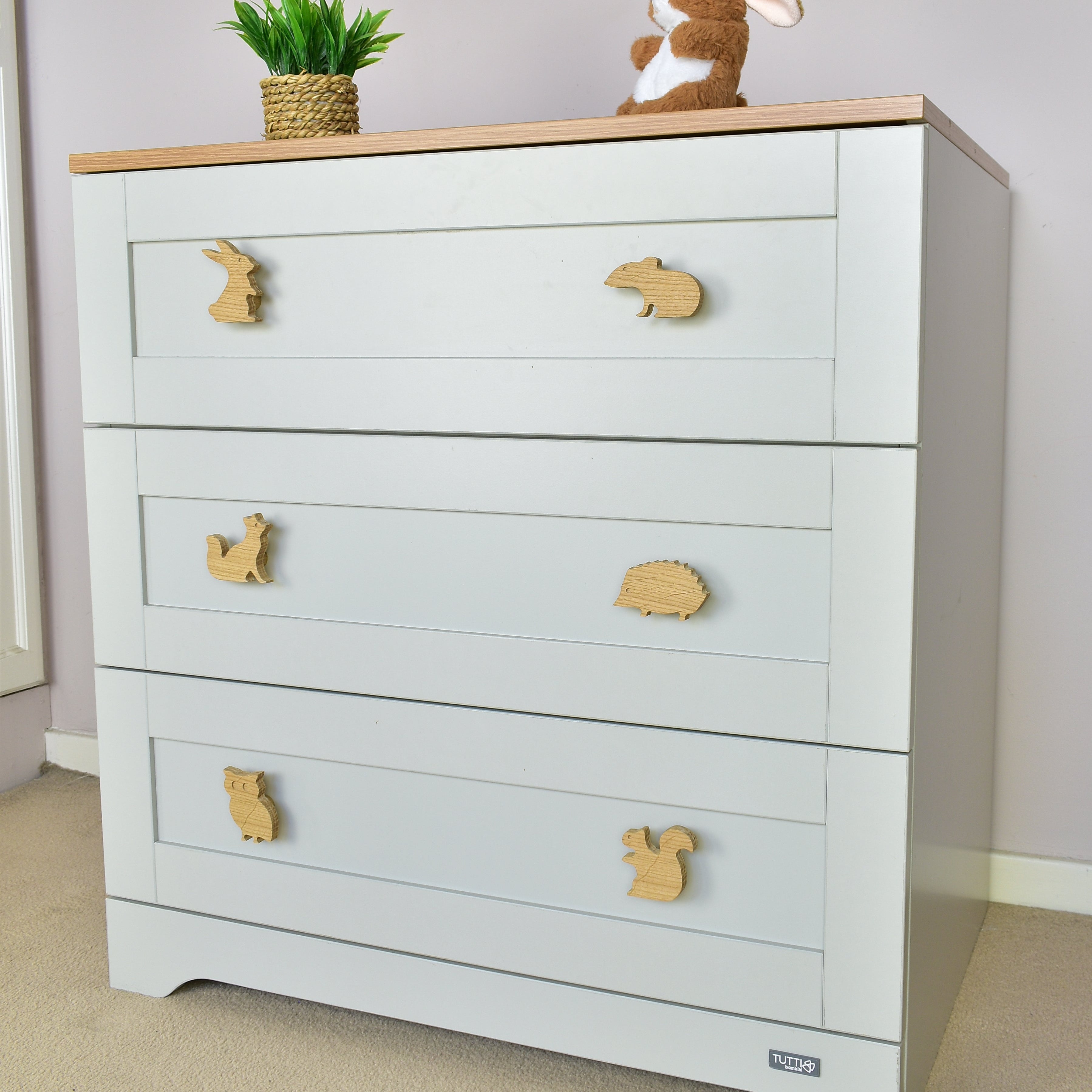 Woodland animal drawer knobs right angle - Rabbit Mouse Fox Hedgehog Owl Squirrel wooden handles