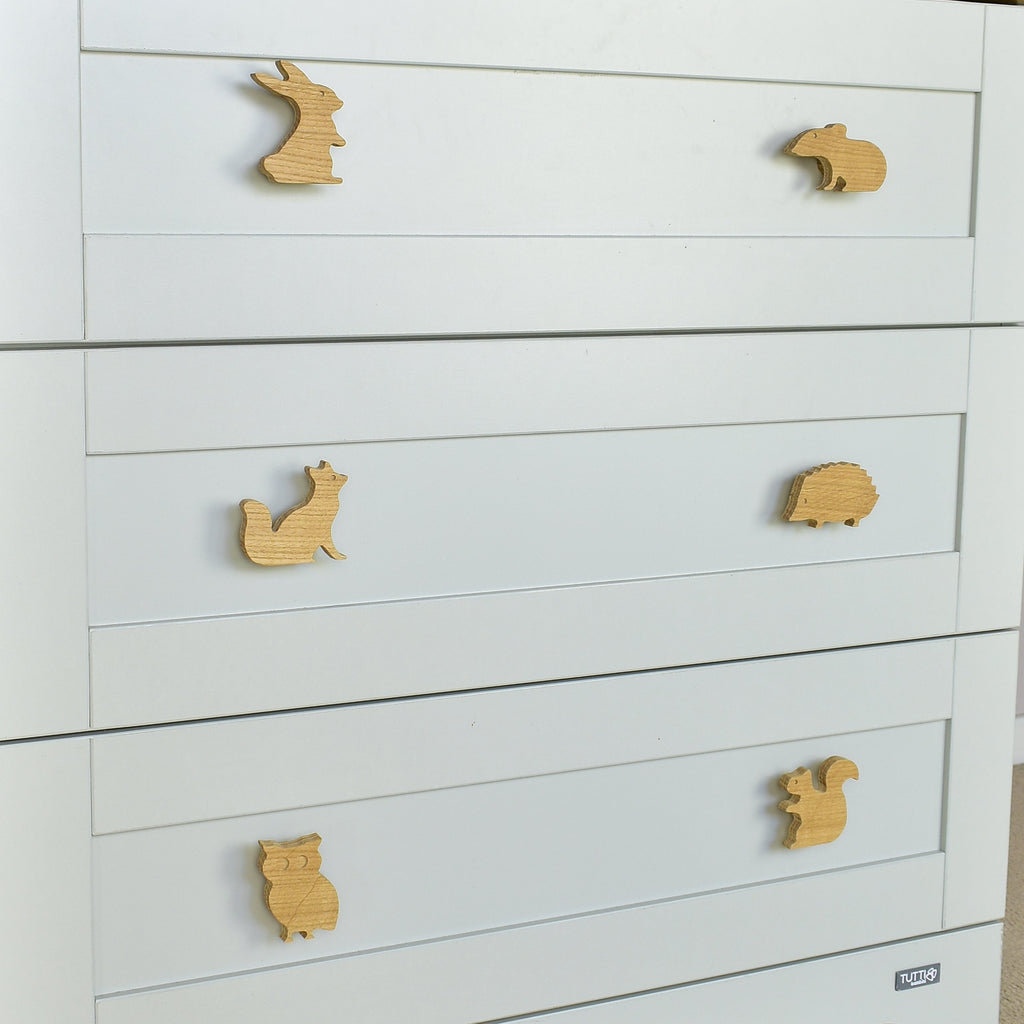 Woodland animal drawer knobs close-up left angle - Rabbit Mouse Fox Hedgehog Owl Squirrel oak