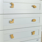 Woodland animal drawer knobs close-up left angle - Rabbit Mouse Fox Hedgehog Owl Squirrel oak
